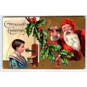 Santa Claus Christmas Postcard 1908 Sailor Boy On Telephone Phones Saint Nick